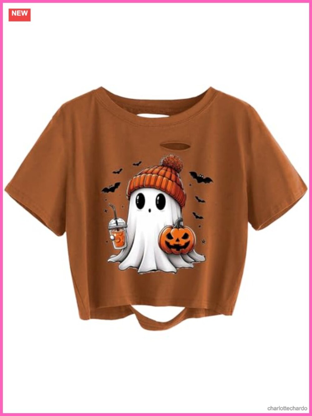 Women's Distressed Crop Tee Halloween Ghost Pumpkin Fall Matching Top